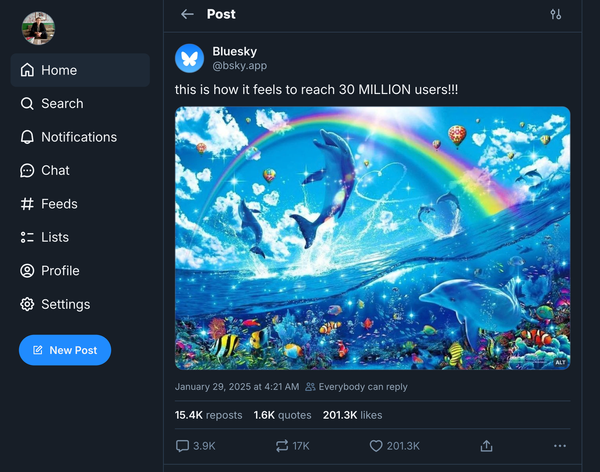 Bluesky celebrated reaching 30 million users by posting an illustration of dolphins jumping amid sparkles and neon rainbows.