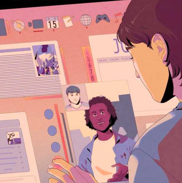 An illustration of a person looking at faces, apps and windows on a digital interface